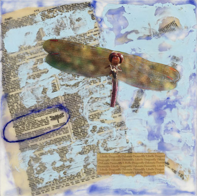 Ruby Meadowhawk encaustic collage by Maike's Marvels